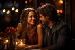 Couple en plein câlin dans un restaurant qui se regarde en étant amoureux durant un date de Saint-Valentin
