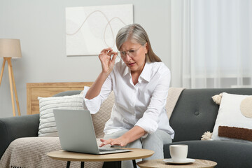 Wall Mural - Beautiful senior woman using laptop at home