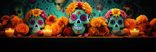 Day Of The Dead Celebration With Sugar Skulls And Marigolds Created With Generative AI