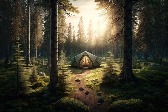 Tent in the forest, travel in a tent, overnight in a tent, trees in the forest, digital art style, illustration painting