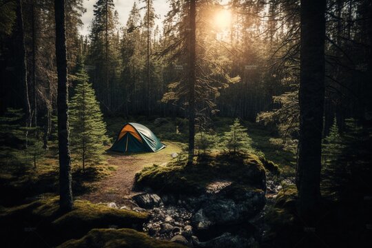 Tent in the forest, travel in a tent, overnight in a tent, trees in the forest, digital art style, illustration painting