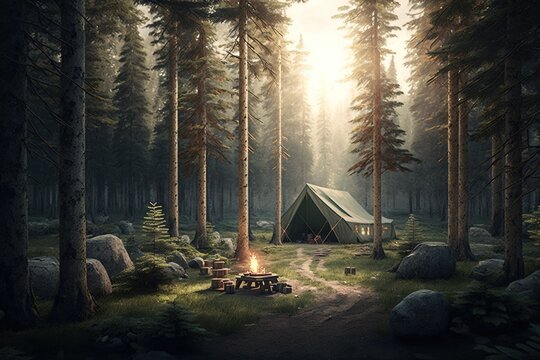 Tent in the forest, travel in a tent, overnight in a tent, trees in the forest, digital art style, illustration painting