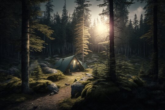 Tent in the forest, travel in a tent, overnight in a tent, trees in the forest, digital art style, illustration painting