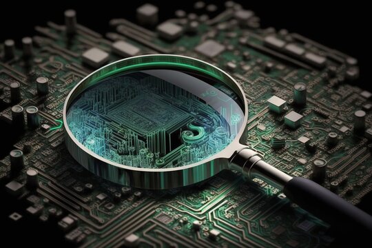 Magnifying glass on a microcircuit, magnifying glass, digital art style, illustration painting