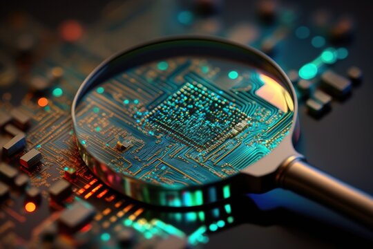 Magnifying glass on a microcircuit, magnifying glass, digital art style, illustration painting