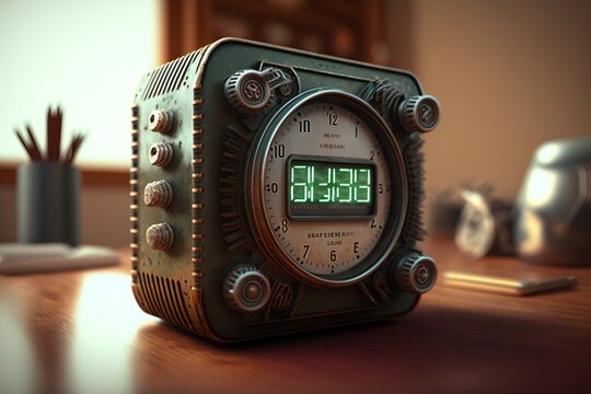 Retro clock, retro alarm clock, retro style, alarm clock by the bed, digital art style, illustration painting