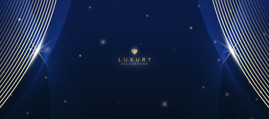 Wall Mural - Dark blue luxury background with elements of golden curves and shiny lights.