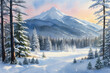 Winter landscape with mountains in watercolor style. Generative AI