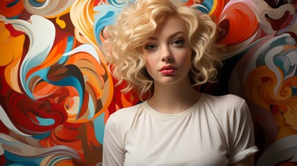 Wall Mural - A captivating portrait of a beautiful woman with blonde hair and red lips stands out against a vibrant background, showcasing her unique style and artistry