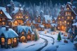Craft a charming 3D scene of a snow-covered village straight out of a fairy tale. Include cottages, intricate ice sculptures, and festive decorations, all under a colorful Xmas background with a touch