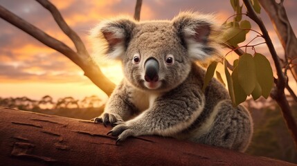 Poster -  a koala sitting on a tree branch with a sunset in the background.  generative ai