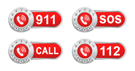 Poster - Rotary phone dial, Telephone dial. Emergency call icon. SOS emergency call. Emergency message. SOS icon. Emergency hotline. 911, 112 calling. Hotline concept. First aid. Vector illustration