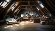 Old Barn Attic Transformed Into A Studio With Vintage Furniture And Exposed Wooden Trusses