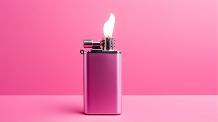 Sticker -  a pink lighter with a lit flame on a pink background.  generative ai