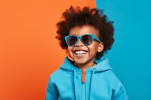 Boy Wearing Casual Clothes With Bright Colored Glasses Standing Over Isolated Plain Background Doing Laughing And Smiling.