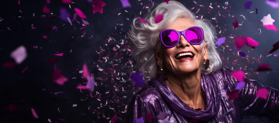 Old lady Surprised and excited, opening eyes and mouth in outrageous party clothing and bright sunglasses, Bright solid orange and purple color background