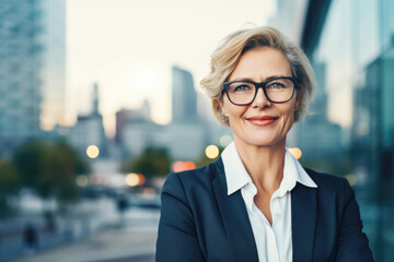 Wall Mural - Smiling middle age businesswoman in business district. Concept of business, success and entrepreneurship.