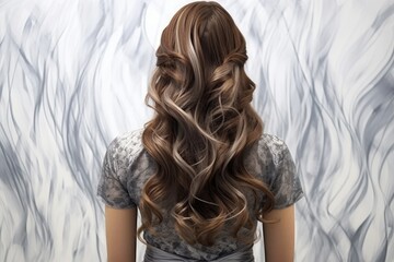 Back view girl with long brown hair at back on the gray wavy background.