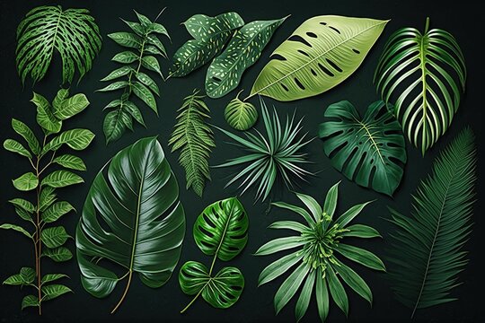Different leaves, plant illustration, leaves, digital art style, illustration painting