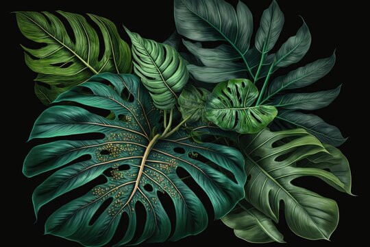 Large leaves, fern leaves, digital art style, illustration painting