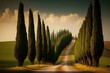 Road between trees, tall trees, rural road, digital art style, illustration painting