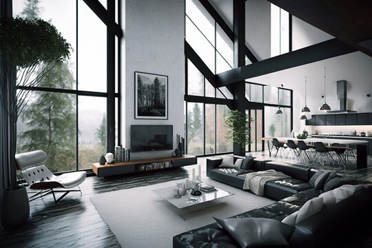 room design, panoramic room, house design, digital art style, illustration painting