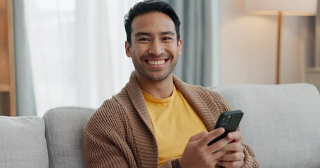 Poster - Home smartphone, relax and happy man typing, texting and reading app post, social media blog and online subscription. Lounge sofa, search engine and apartment portrait of person smile for web choice