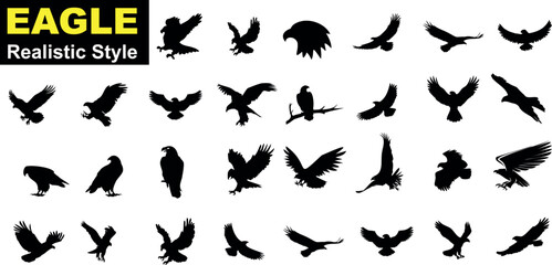 Eagle Vector Illustration Set, Black and White Silhouettes. Collection of 30 Different Eagle Poses, Perfect for Logos, Designs, and More.