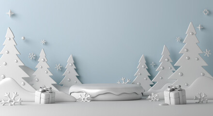 Wall Mural - Winter display podium decoration background with snowflakes, trees, copy space text, 3D rendering illustration	