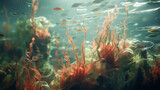 Fototapeta  - dynamic and natural seaweed, coral and small fish, digital art, generative cinematic color gradations ai