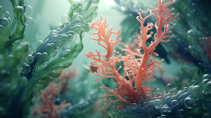 Sticker - dynamic and natural seaweed, coral and small fish, digital art, generative cinematic color gradations ai