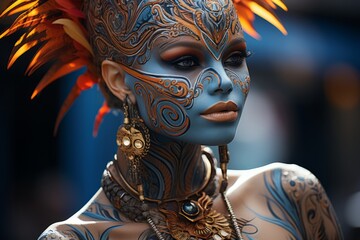 Wall Mural -  Rio Carnival participant's intricate body painting and tattoos, Generative AI