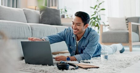Poster - Home cellphone, relax and happy man typing, texting and check email, funny social media message and contact online user. Floor carpet, mobile smartphone and networking student done studying on laptop