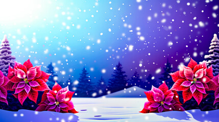 Wall Mural - Christmas scene with poinsettis and snow falling on the ground.