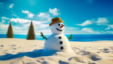 Fototapeta Na sufit - Snowman is standing in the snow with hat on his head.
