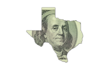 Wall Mural - map of texas state on a american dollar money texture on the white background. finance concept.