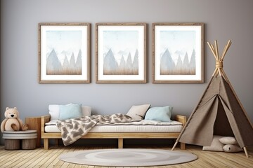 Wall Mural - Mock up frame in children room with natural wooden