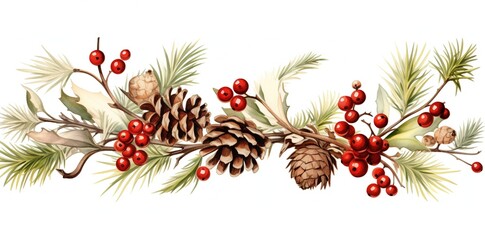 Christmas ornaments by painting branches with watercolors on a white background, including tree branches and holly sprigs adorned with red berries.