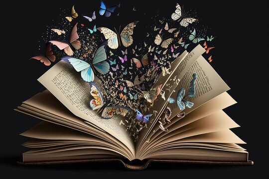 butterflies fly out of the book, book butterflies, digital art style