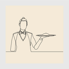 Wall Mural - continuous single line sketch hand drawn drawing of waiters holding order food tray for customer. One line art concept of restaurant worker. Vector illustration