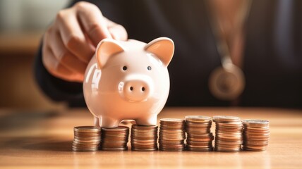 Leinwandbilder - An image of a person with a piggy bank and coins, symbolizing savings and budgeting solutions