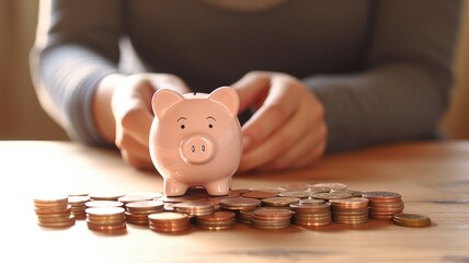 Leinwandbilder - An image of a person with a piggy bank and coins, symbolizing savings and budgeting solutions