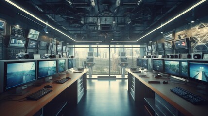 Leinwandbilder - An image of a security camera and surveillance monitors, illustrating security solutions for protection and monitoring