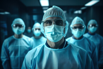 Portrait of mature male healthcare worker wearing protective mask, hat and eyeglasses with colleagues in the background at hospital building.