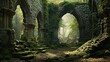 Generative AI, Old green ruins of historical building overgrown by moss and grass