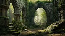 Generative AI, Old Green Ruins Of Historical Building Overgrown By Moss And Grass