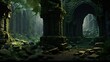 Generative AI, Old green ruins of historical building overgrown by moss and grass