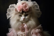Fluffy Elegant Cat In Dress And A Hat With Flowers