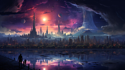 Wall Mural - fantasy world palace view of psychedelic smoky clouds and stars, beautiful colorful painting generative ai