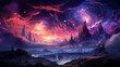 fantasy world palace view of psychedelic smoky clouds and stars, beautiful colorful painting generative ai